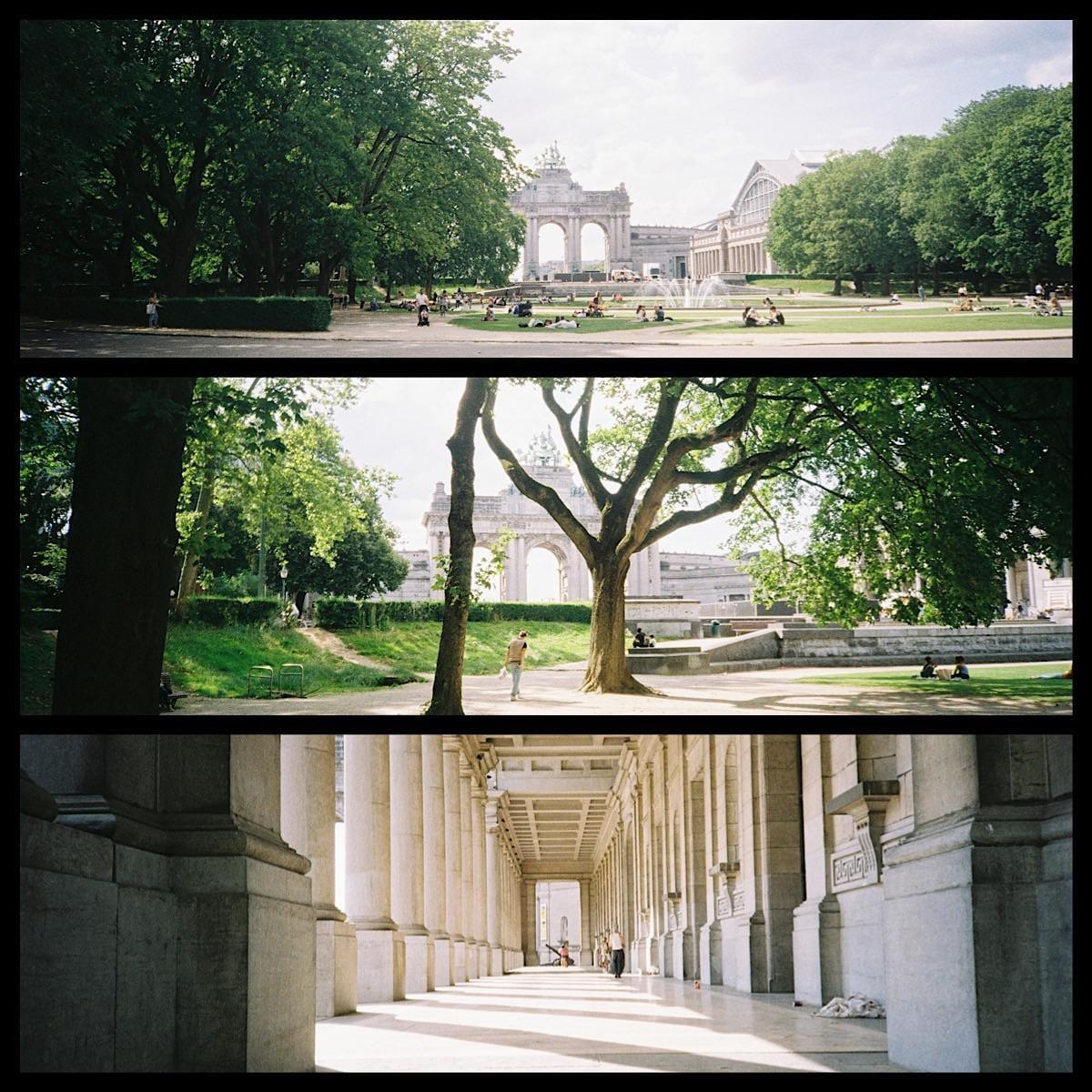 Three horizontal panels show a park with a triumphal arch, a tree-lined path, and a long colonnade.