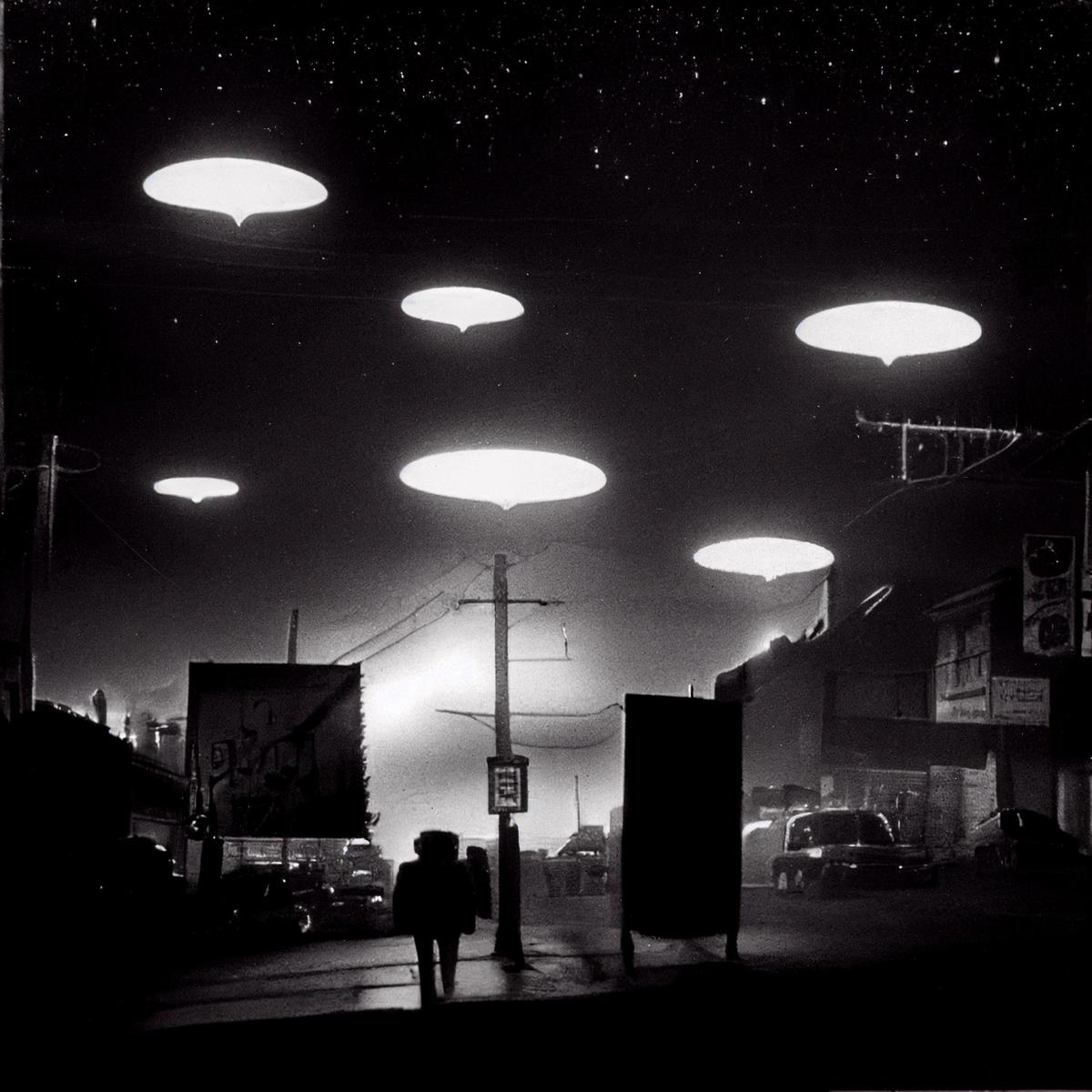 A person walks down a street at night under several bright, oval lights in the sky.