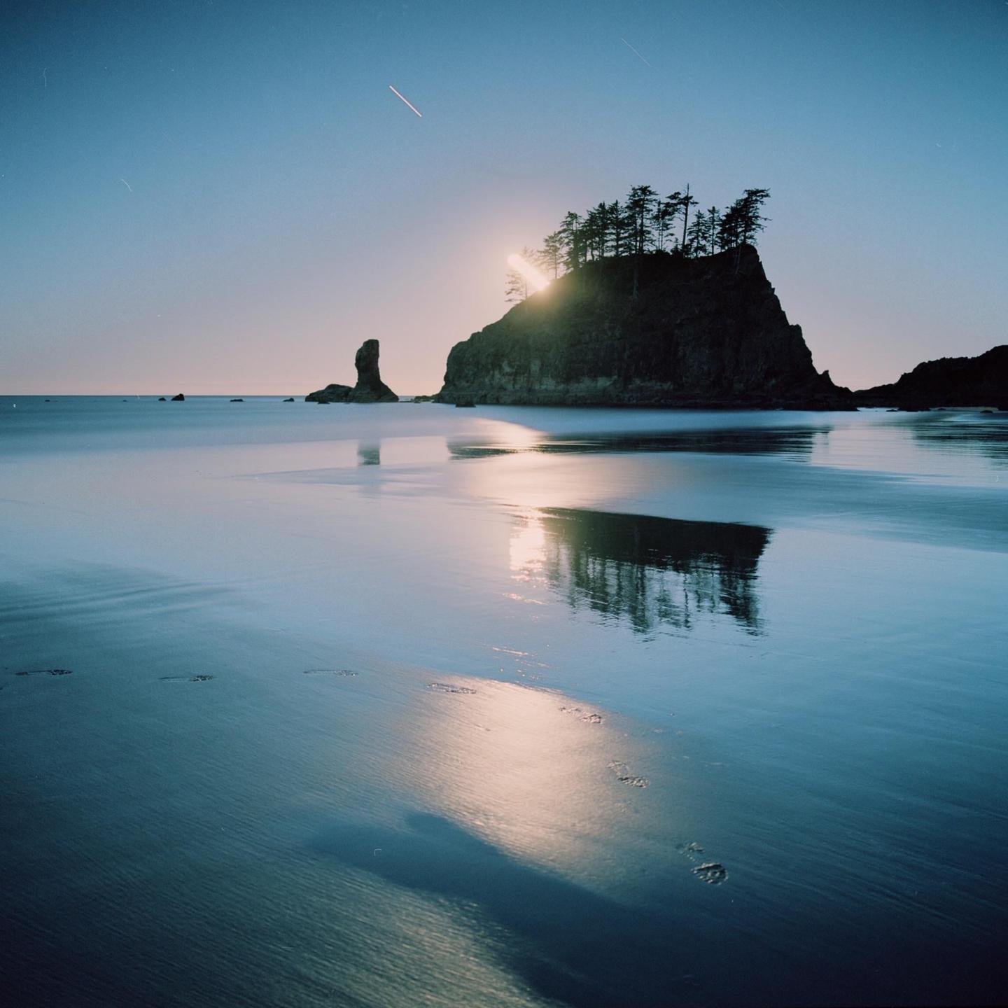 The sun rises behind a tree-covered sea stack on a beach with wet sand reflecting the light.