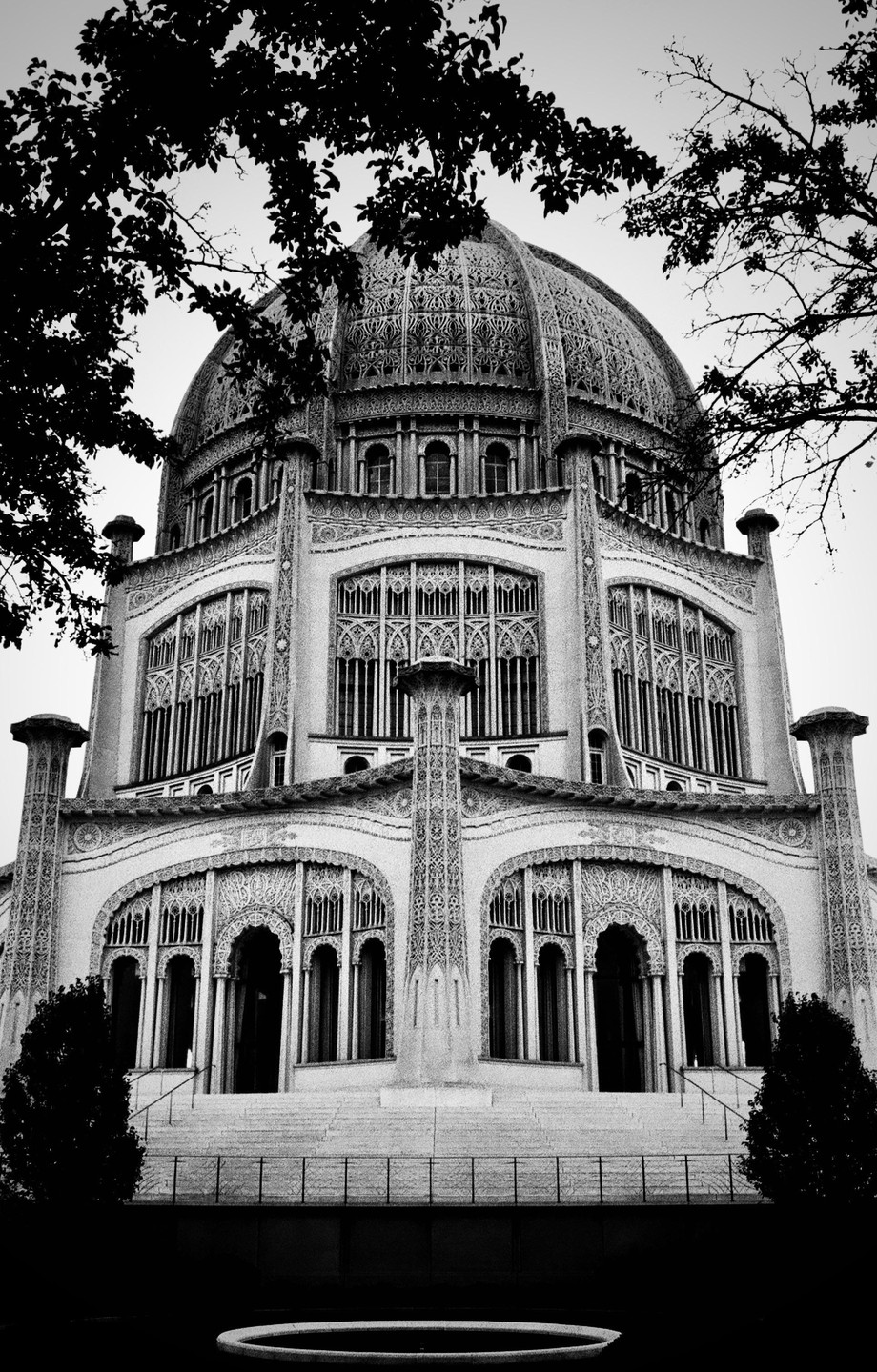 A low-angle, black and white shot of the Baha'i House of Worship in Wilmette, Illinois, with tree branches framing the top of the dome.