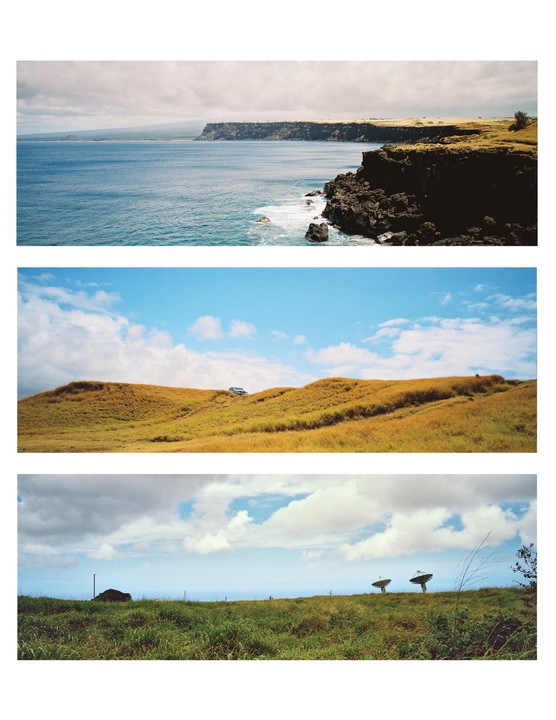 Three landscape images show a rocky coastline, a grassy hill with a vehicle, and a field with satellite dishes.