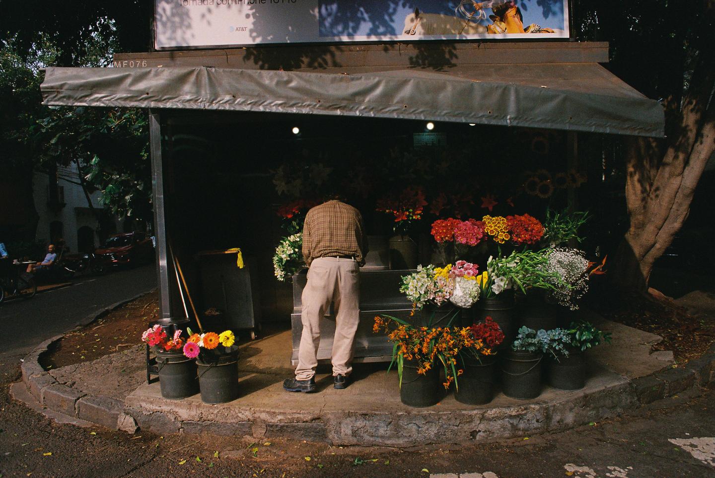 A man stands behind a flower stall on a street corner, surrounded by buckets of colorful flowers.
