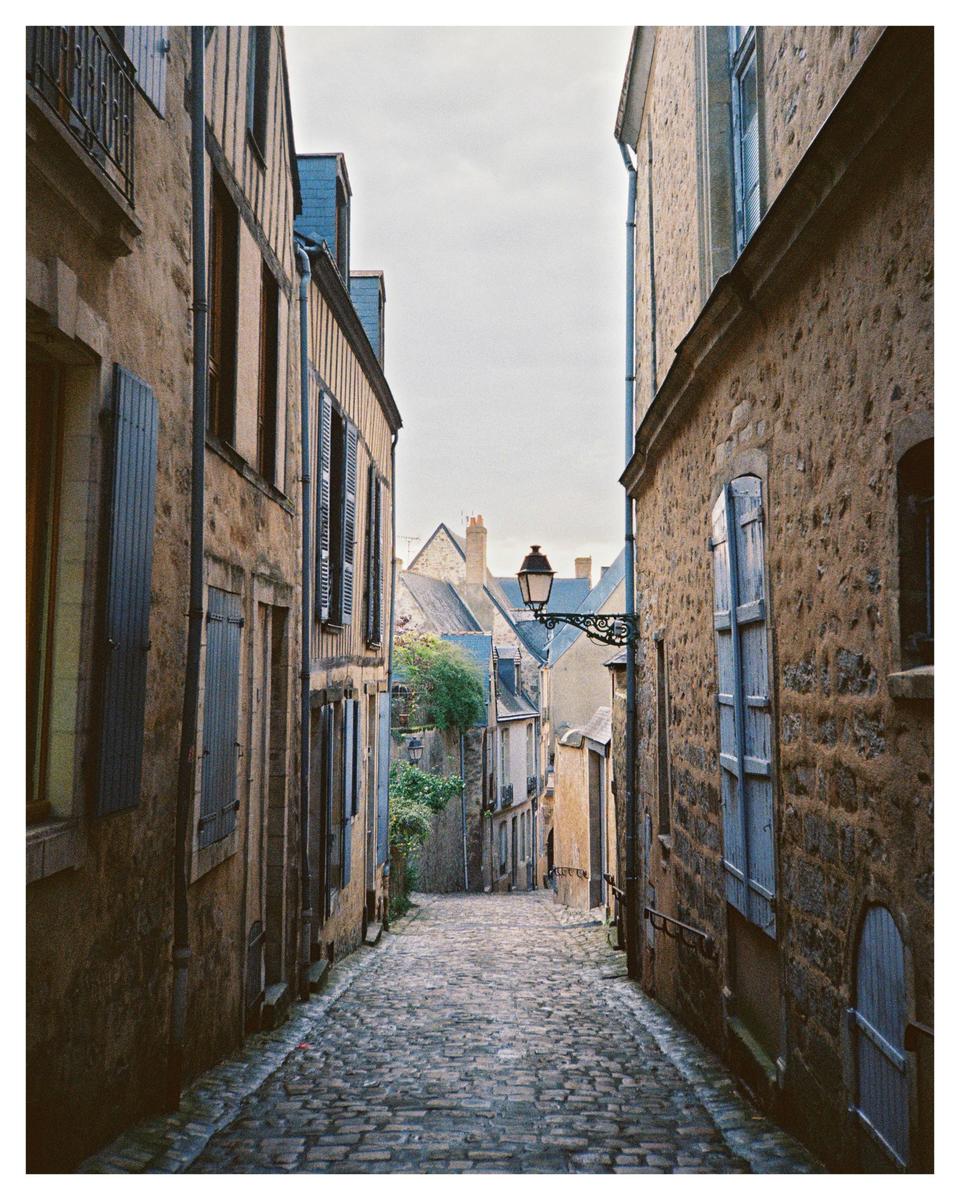 A narrow cobblestone street is lined with old stone buildings with blue shutters.