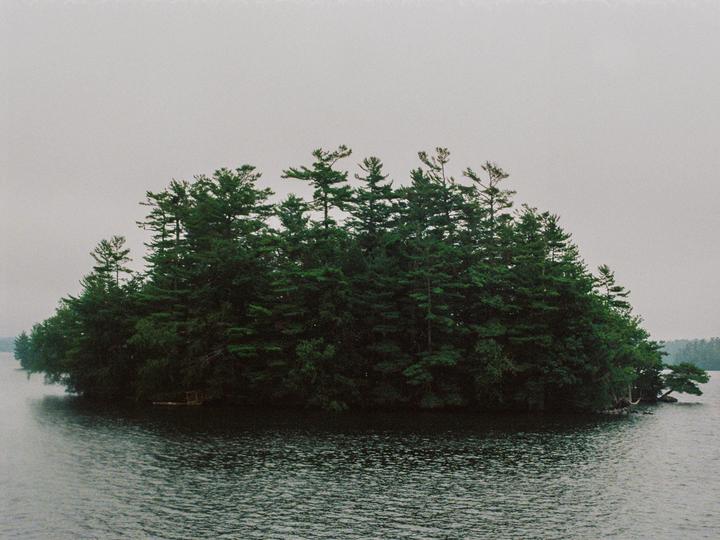 A small island covered in pine trees sits in the middle of a body of water under a hazy sky.