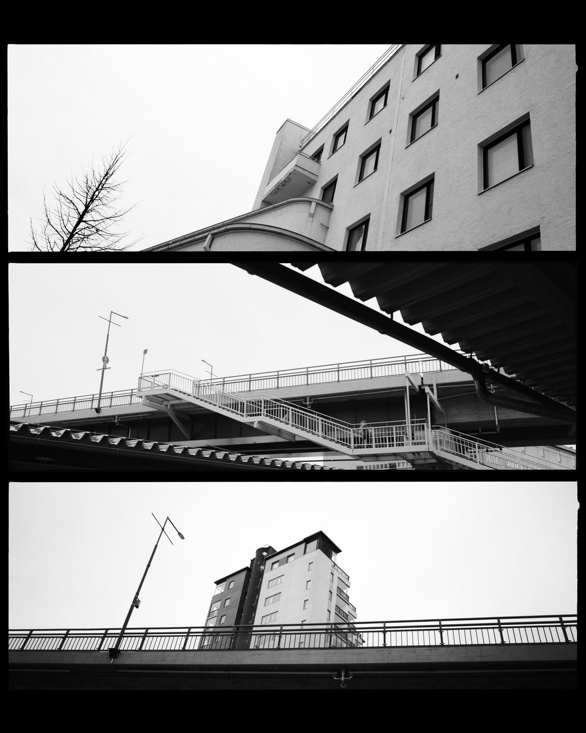 Three black and white images show a building, a bridge with stairs, and another building behind a bridge.