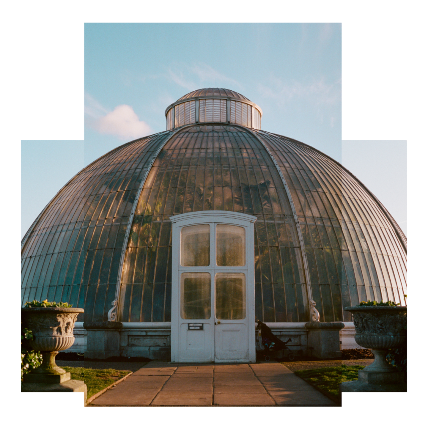 A large glass dome greenhouse with a white door is seen from a low angle.