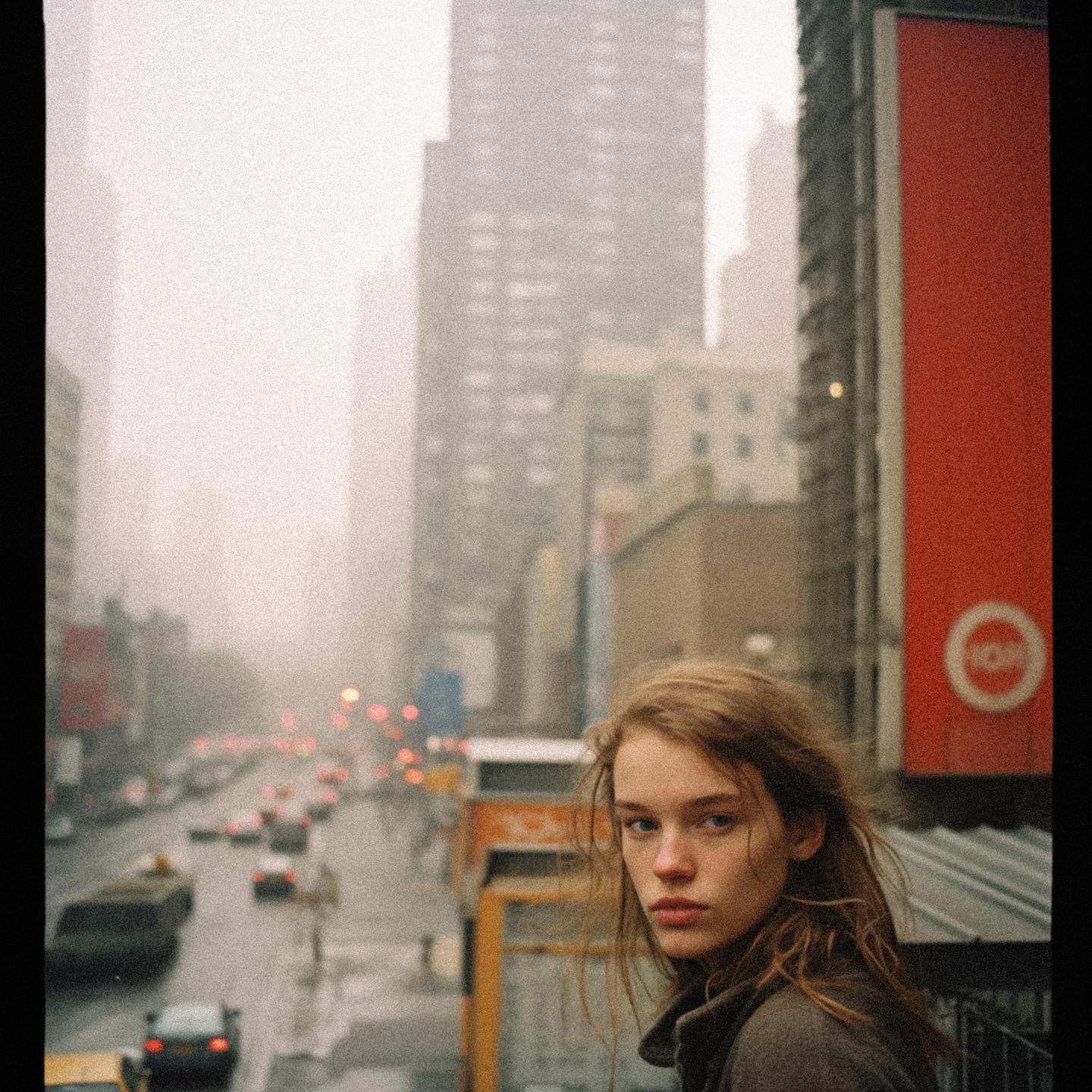 A woman with long hair looks at the viewer from a balcony overlooking a hazy city street with cars.