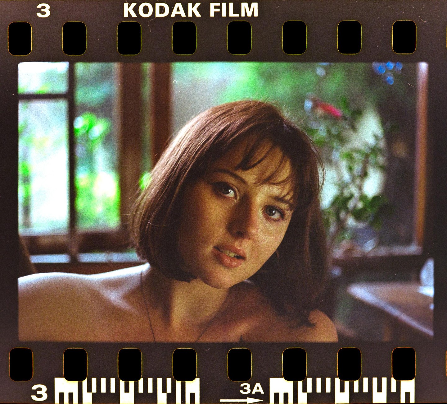 A woman with short hair looks at the viewer, with a window and greenery in the background.