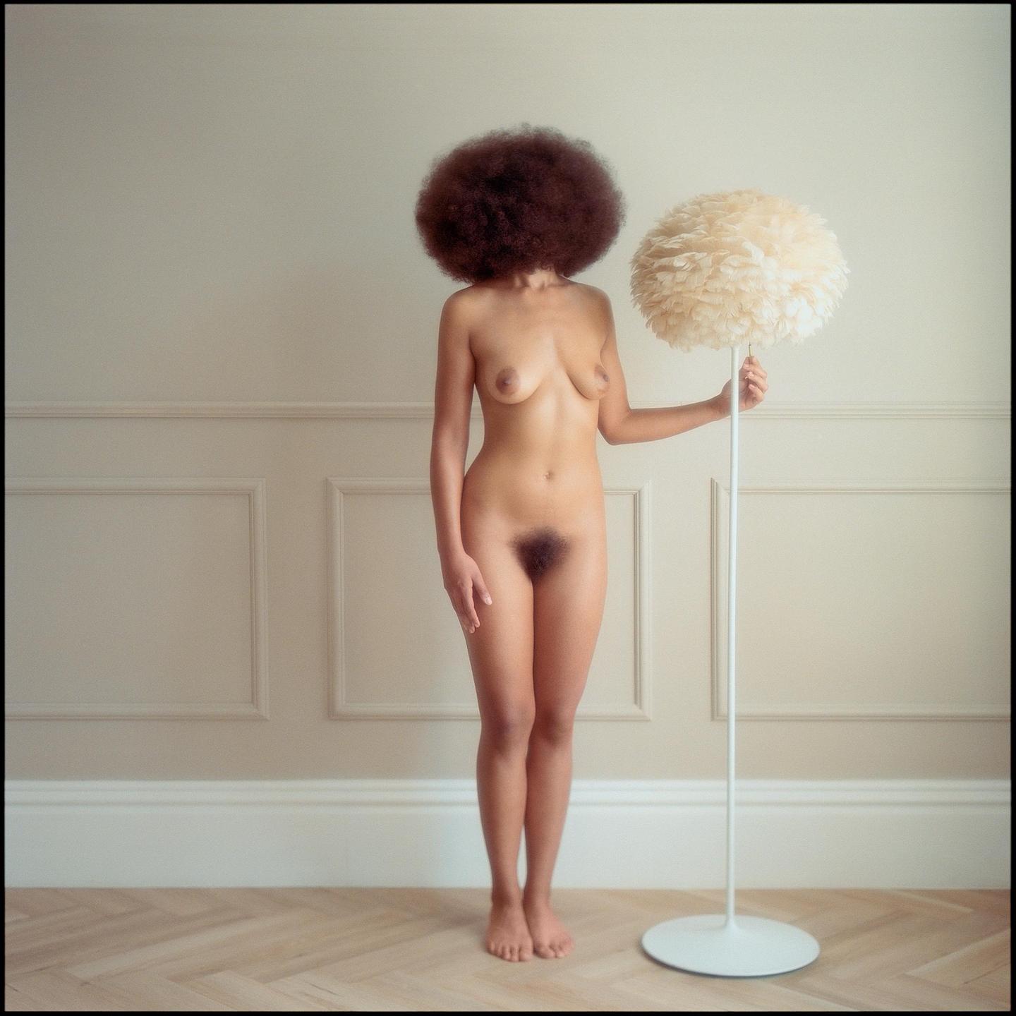 A nude woman with an afro stands holding a floor lamp with a feathery shade.