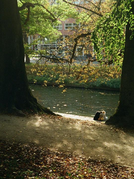 Two people sit by a canal bank under trees with autumn foliage.
