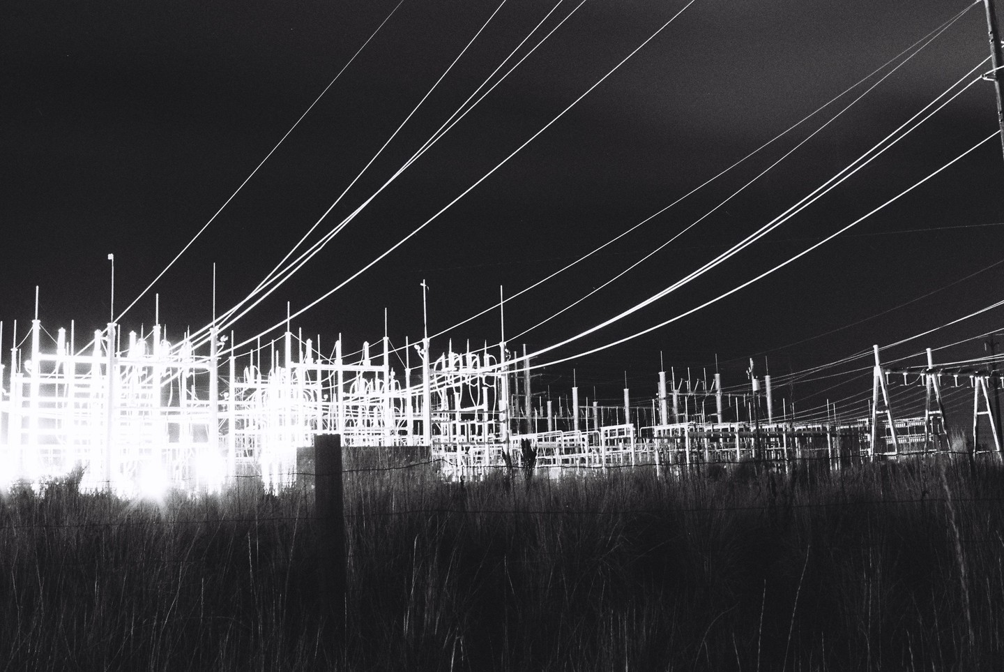 A power station with many bright lines and structures is visible at night, with tall grass in the foreground.