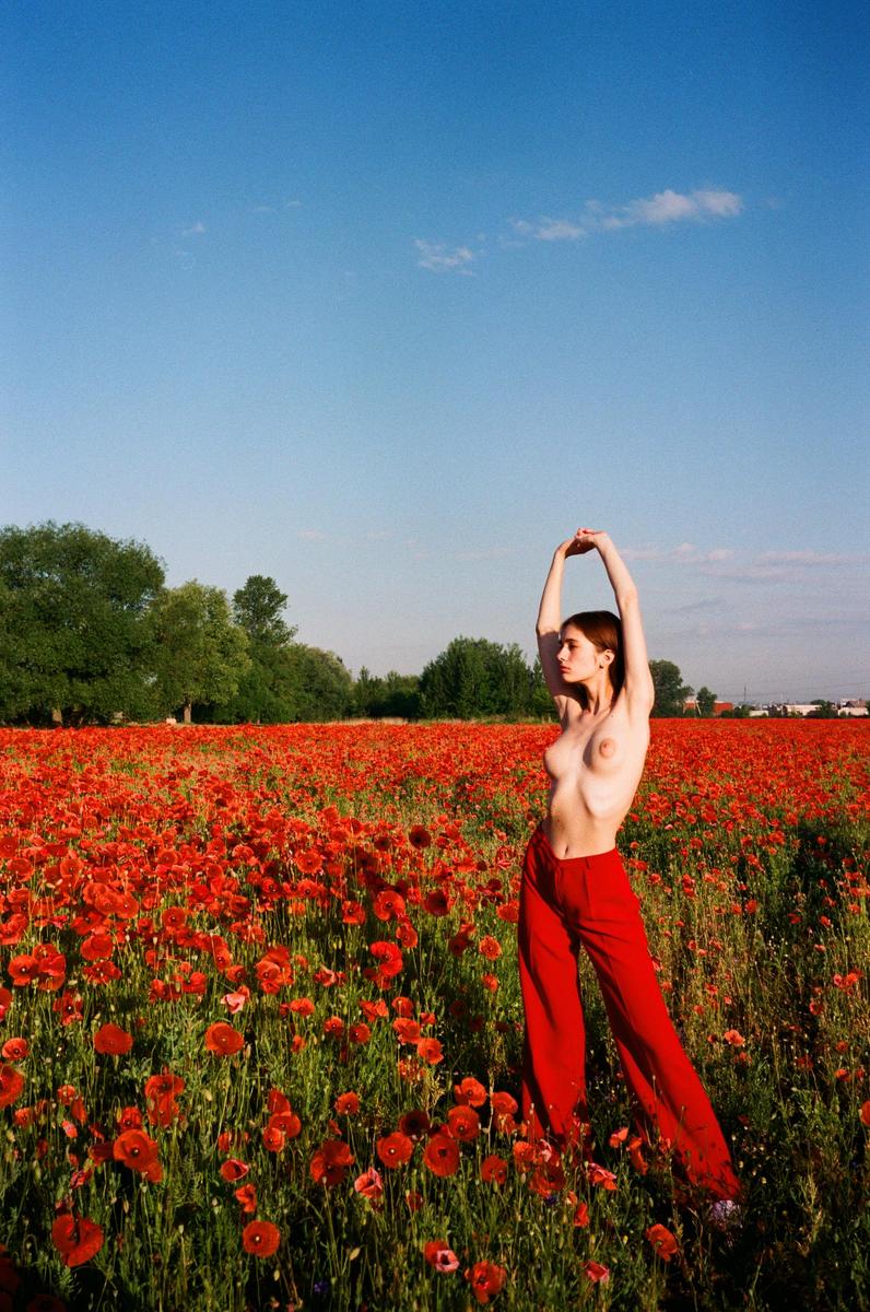 A woman with her arms raised stands in a field of red poppies under a clear blue sky.