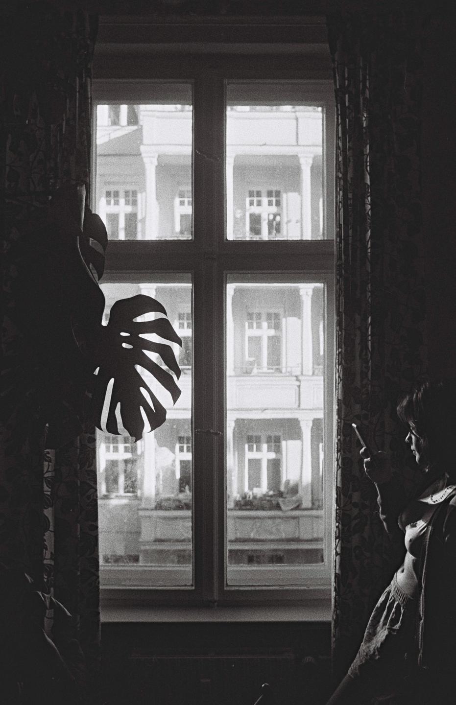 A woman stands by a window, looking at her phone, with a paper monstera leaf hanging nearby.