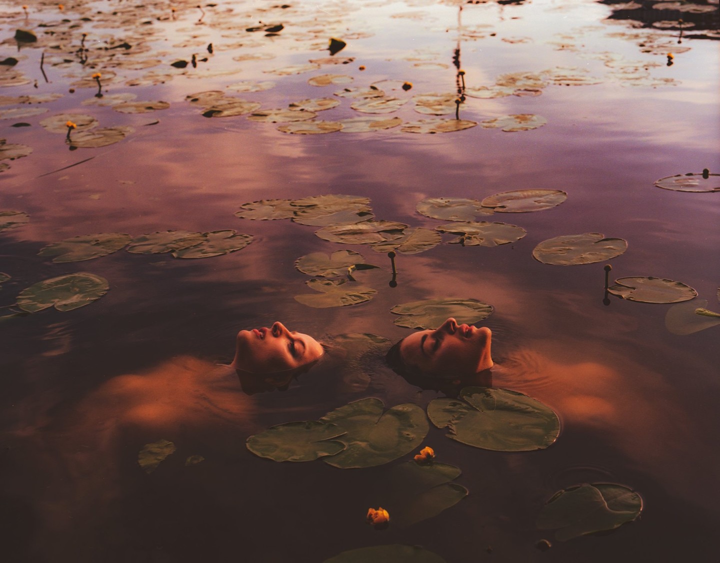 Two women float in a body of water covered with lily pads and small yellow flowers.