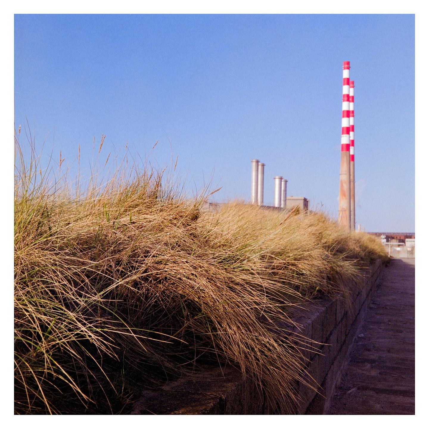 Tall red and white striped chimneys rise above a wall covered in dry grass.