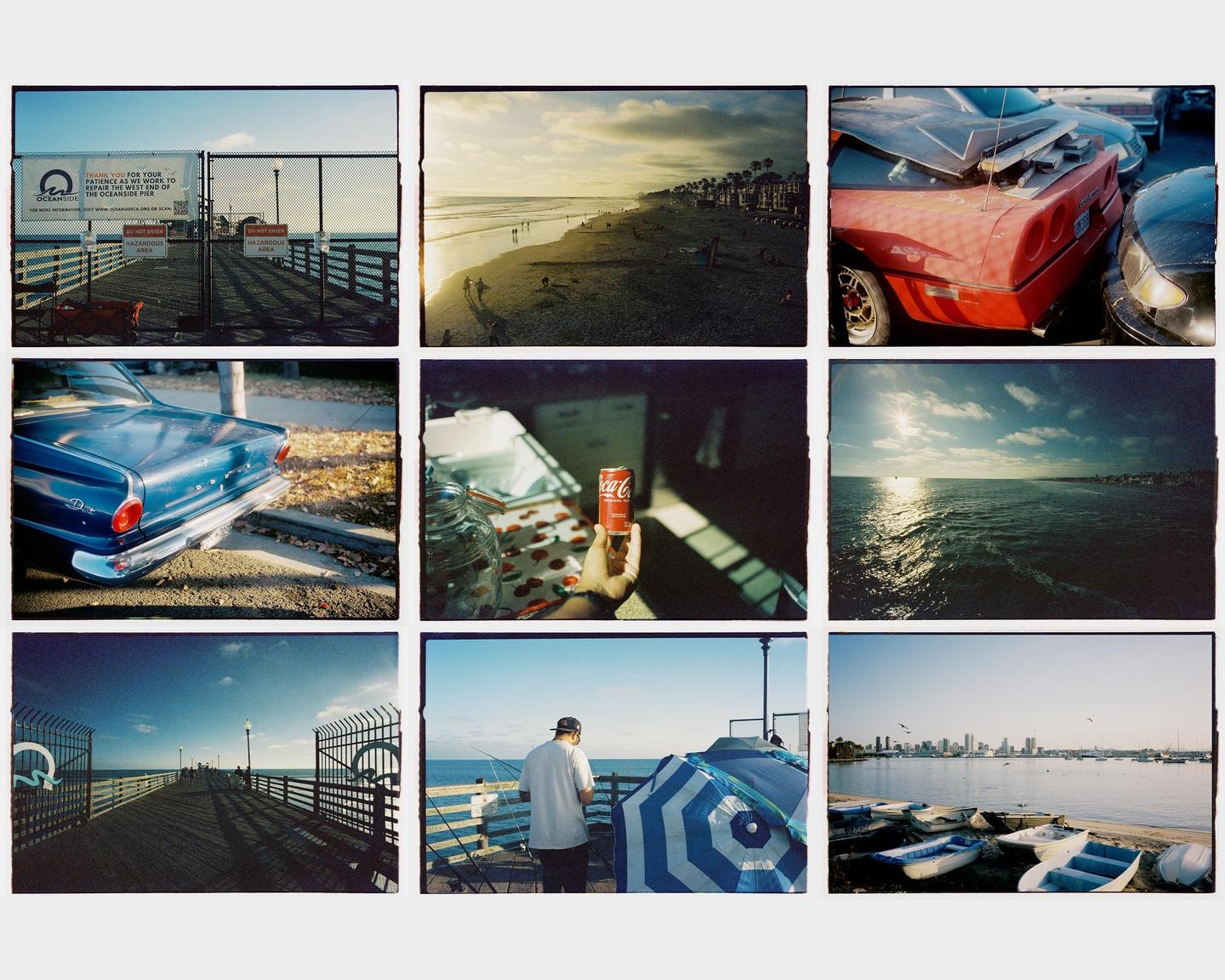 Nine images are arranged in a grid, showing a pier, a beach, cars, a hand holding a soda can, the ocean, and boats on a shore.