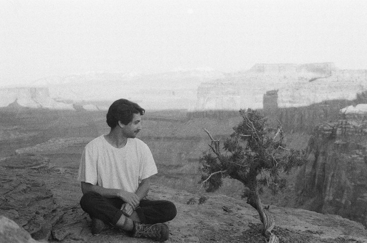 A man sits on a cliff next to a small tree, looking out at a vast canyon landscape.
