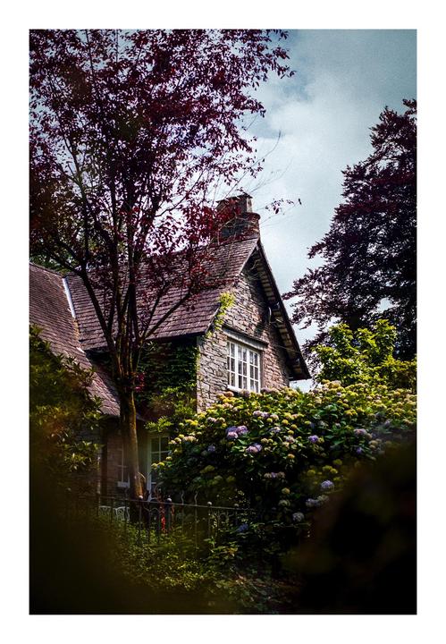 A stone cottage with a white window is surrounded by trees and flowering bushes under a cloudy sky.