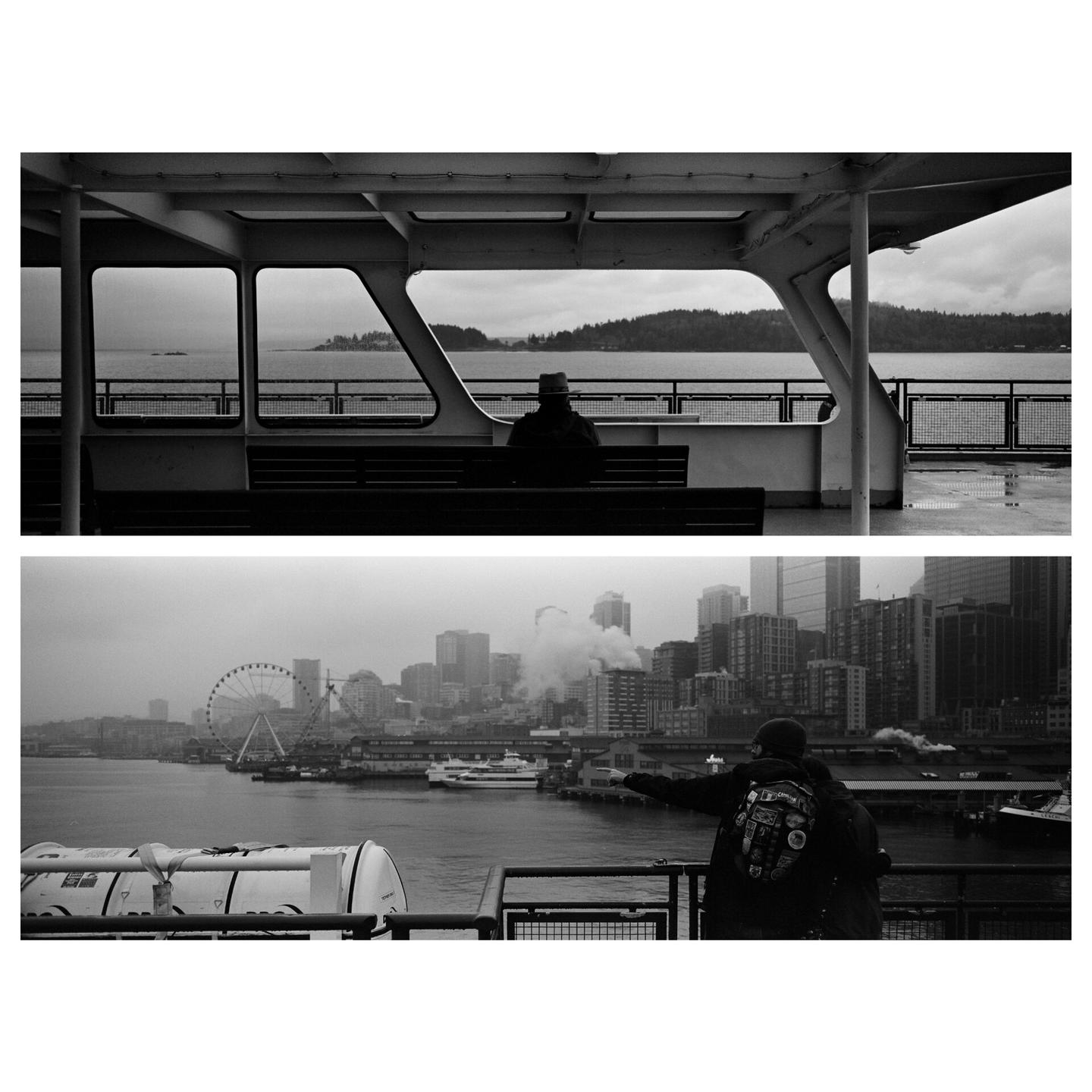 Two black and white images show people on a ferry, with one looking out at a city skyline and the other at a distant shore.