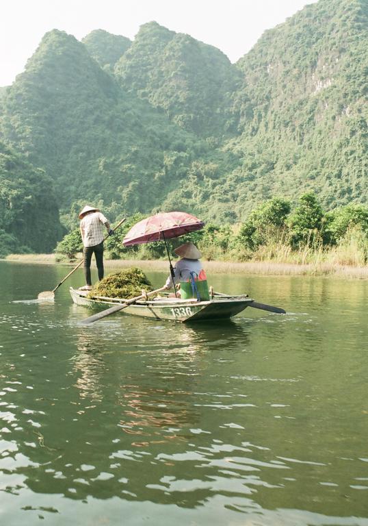 Two people in conical hats are on a boat filled with plants, with a mountain in the background.