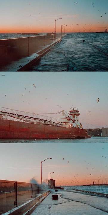 A large red cargo ship is visible from a pier with many birds flying overhead at sunset.