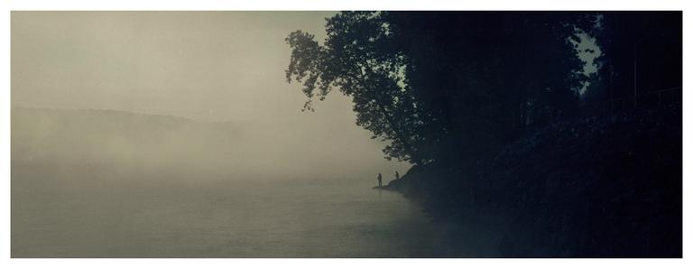 Two people fish from the bank of a misty lake beneath a large tree.