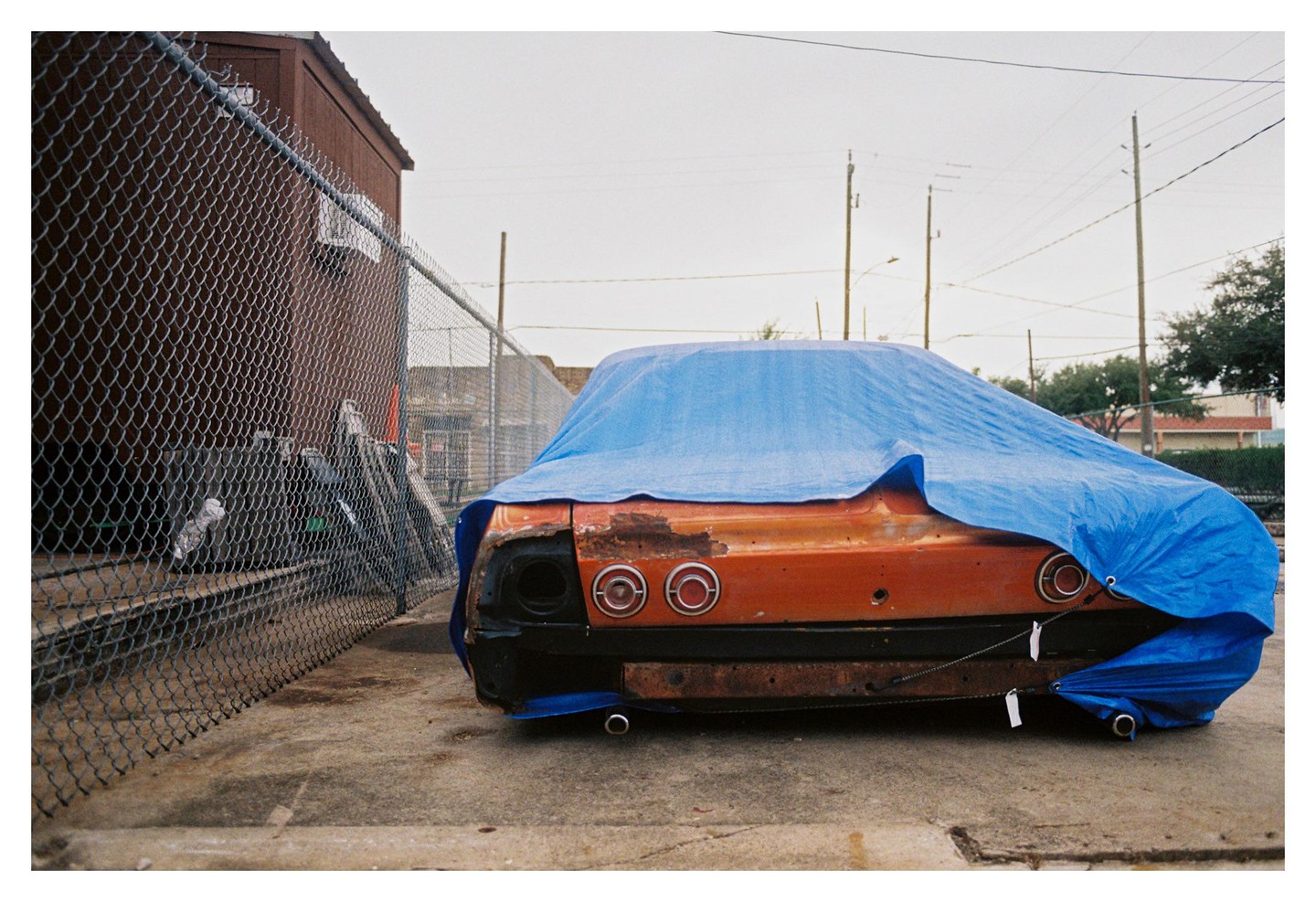 A rusty orange car covered with a blue tarp is parked next to a chain link fence.
