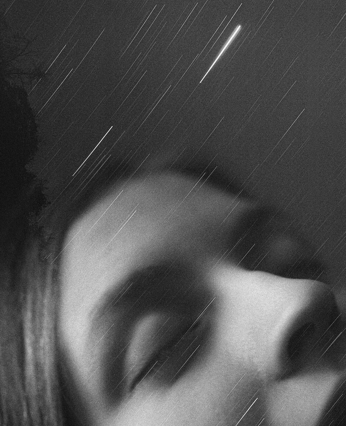 A woman's face is visible in the bottom right of the frame, with star trails and a bright meteor streaking across the night sky.