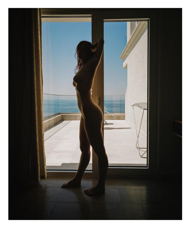 A nude woman stands in silhouette in a doorway looking out at the ocean from a balcony.