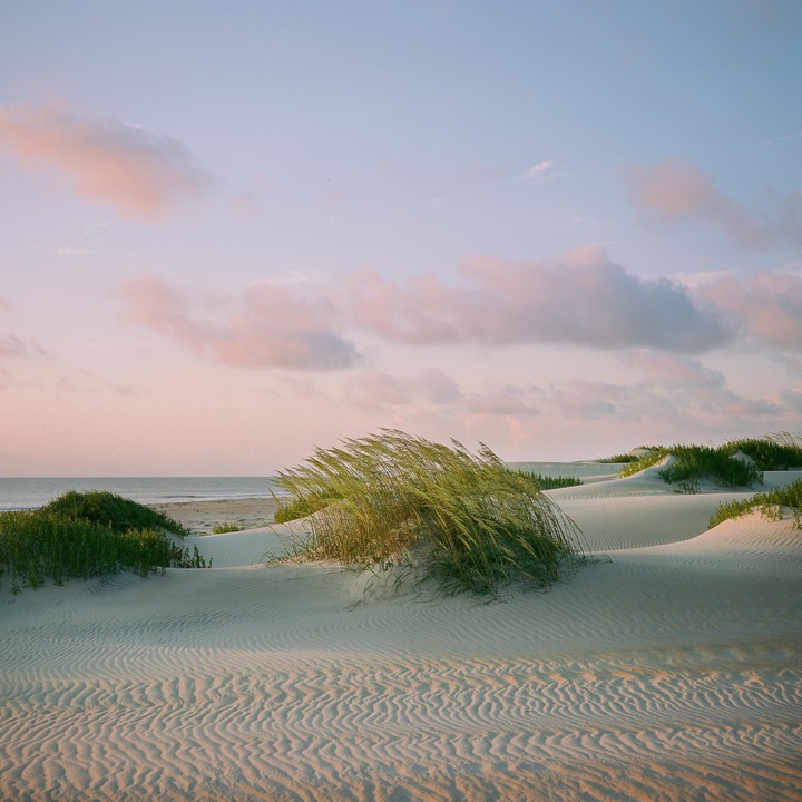 Sand dunes with green grass and a calm ocean under a pastel sky are visible.