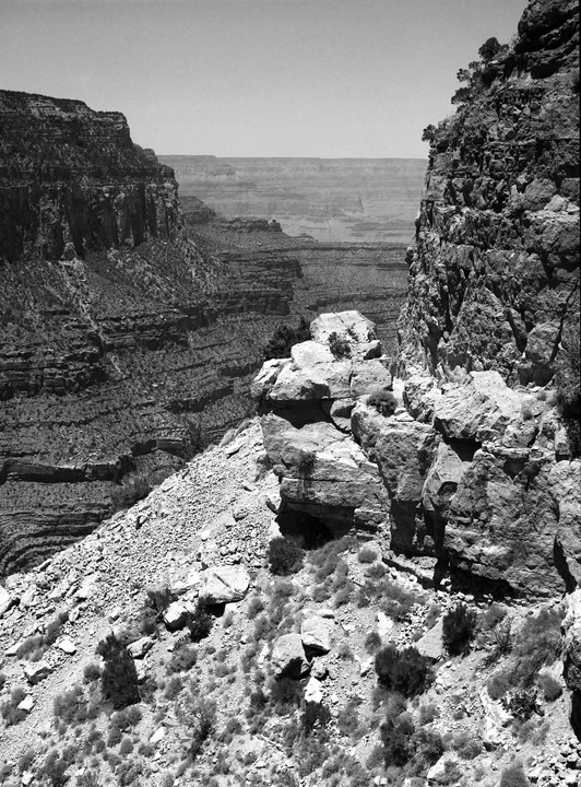 A vast canyon with layered rock formations and sparse vegetation is visible under a clear sky.