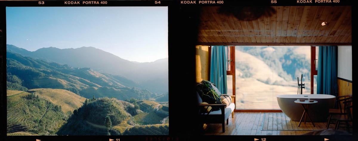 A diptych shows a mountain landscape with terraced fields on the left and a modern bathroom with a large window overlooking a snowy landscape on the right.