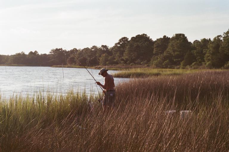 A man wearing a hat stands in tall grass by a body of water, holding a fishing rod.