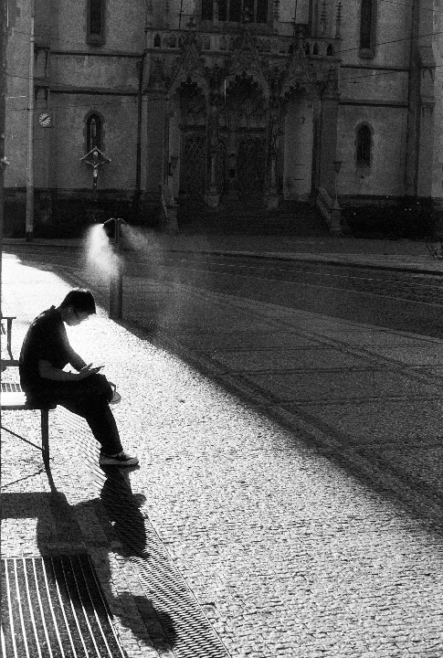 A man sits on a bench in a sunlit street, looking at his phone, with a large building in the background.