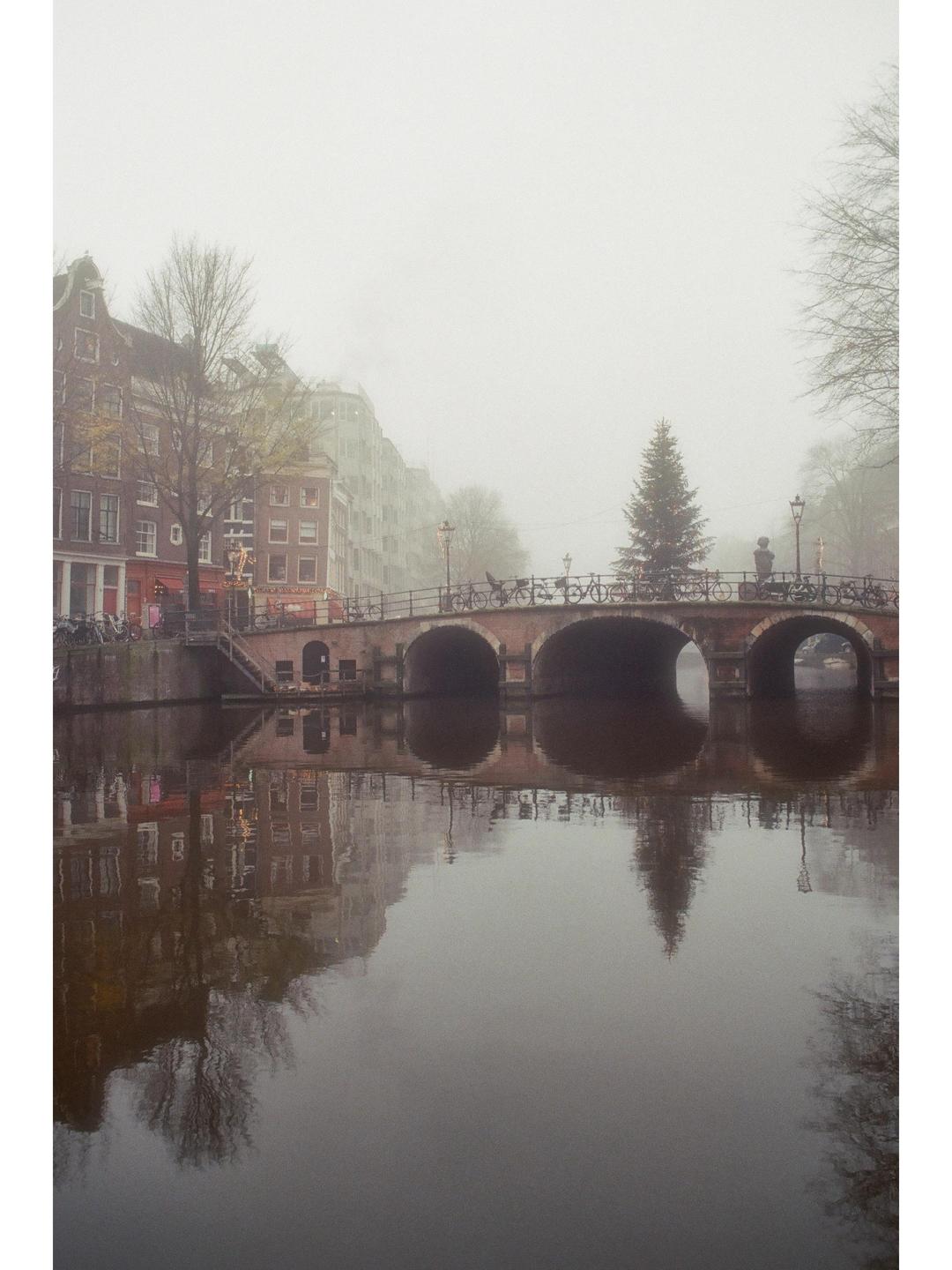 A bridge with a Christmas tree on it spans a canal lined with buildings on a foggy day.