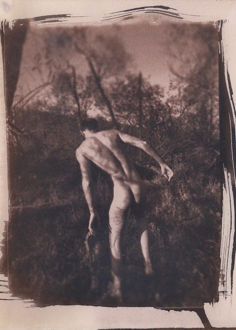 A man stands naked in a marsh, his back to the viewer, with trees and foliage in the background.