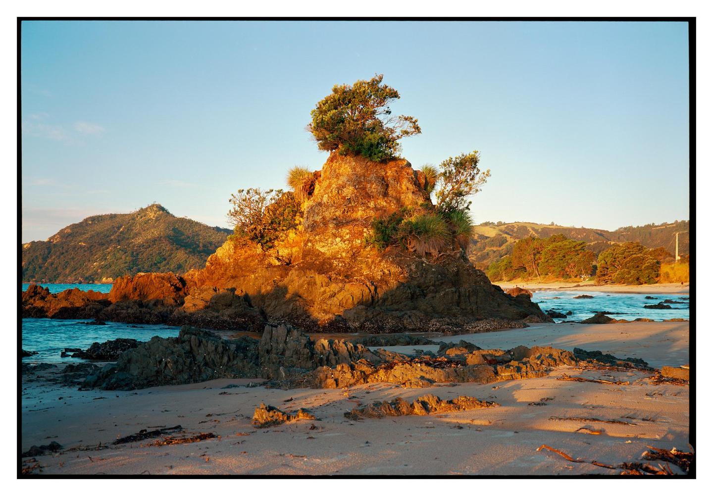 A large rock formation covered in vegetation sits on a sandy beach with mountains and ocean in the background.