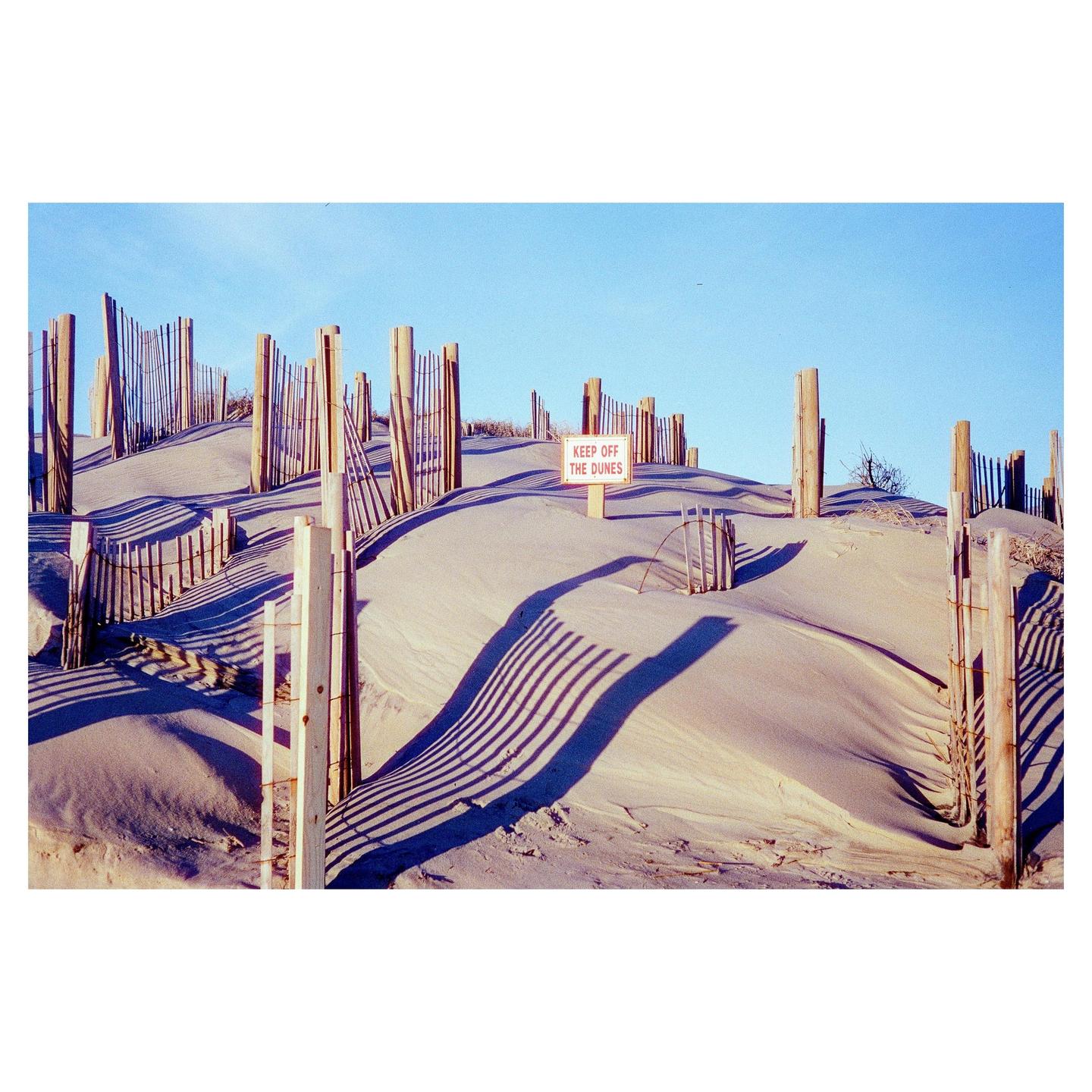 A "Keep Off The Dunes" sign stands on a sandy dune with many wooden fences casting long shadows.