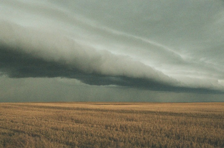 A vast field of dry grass stretches under a dramatic, dark cloud formation.