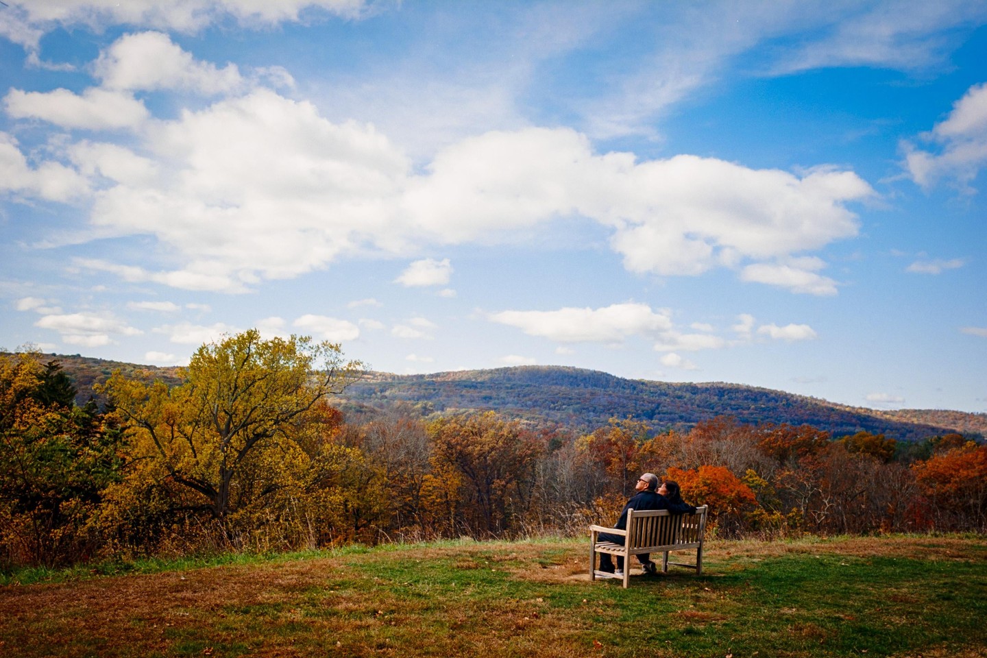 A couple sits on a bench overlooking a valley filled with autumn trees under a blue sky with white clouds.