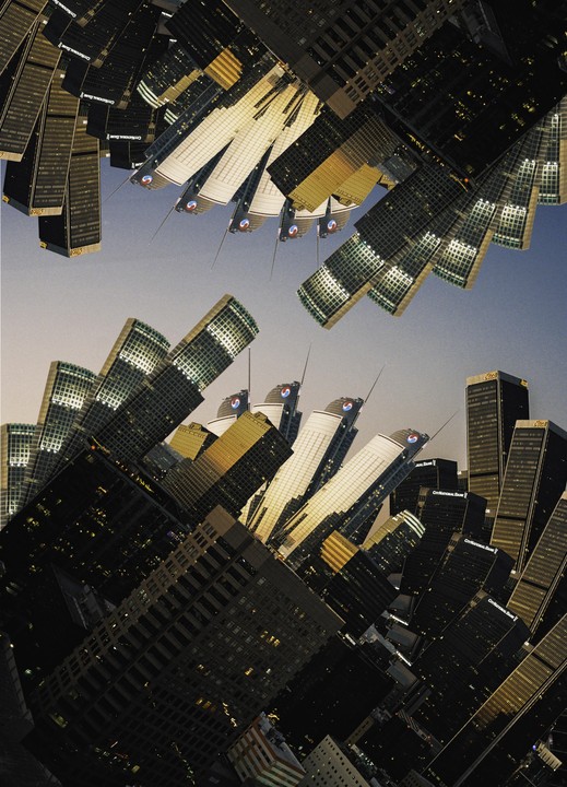 A collage of downtown Los Angeles skyscrapers is arranged to create a kaleidoscopic effect.