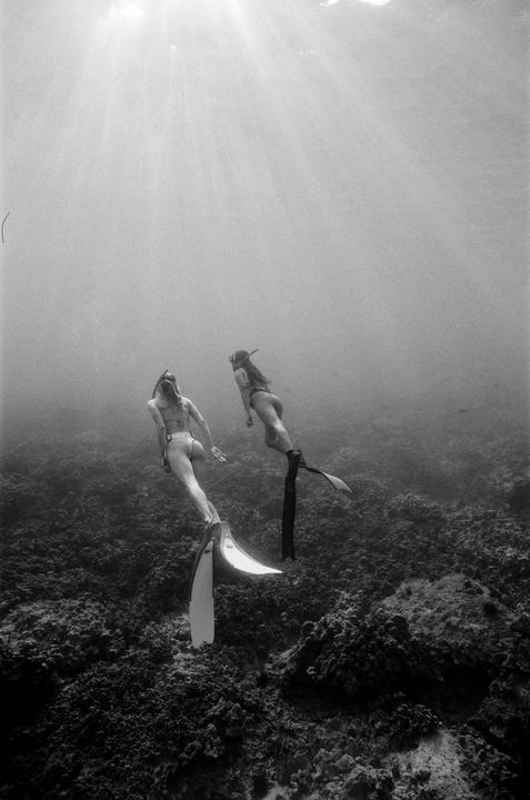 Two women wearing fins and swimsuits swim underwater above a rocky seabed with sun rays shining through the water.