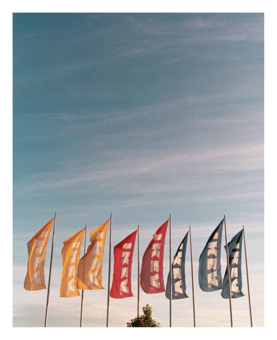 A row of colorful IKEA flags stands against a blue sky with wispy clouds.