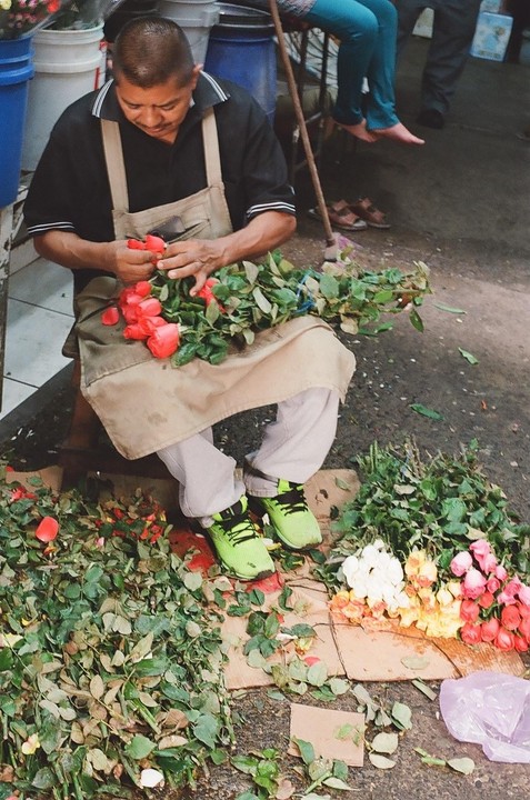 A man wearing an apron and bright green shoes sits on a stool and trims roses on the street.