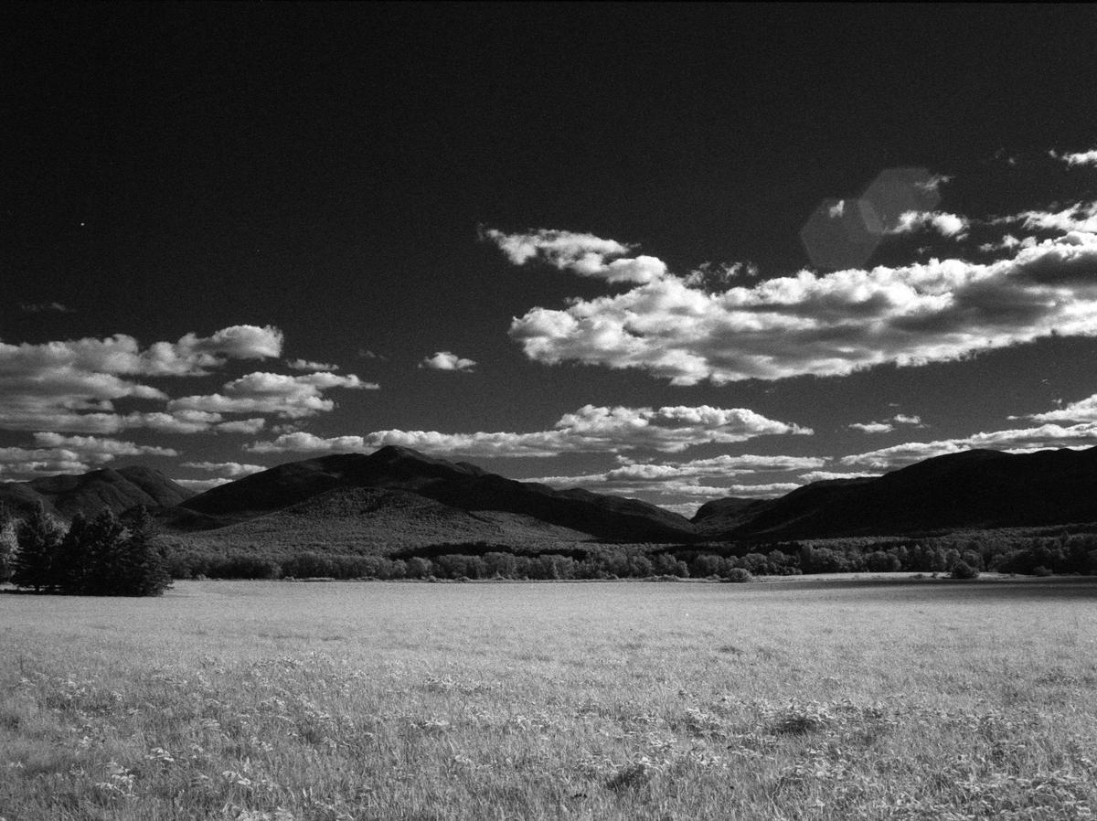 A wide field of grass is in the foreground with mountains and a cloudy sky in the background.