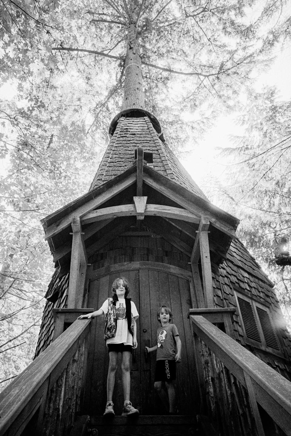 Two boys stand on the steps of a tall, conical treehouse with a tree trunk extending from its roof.