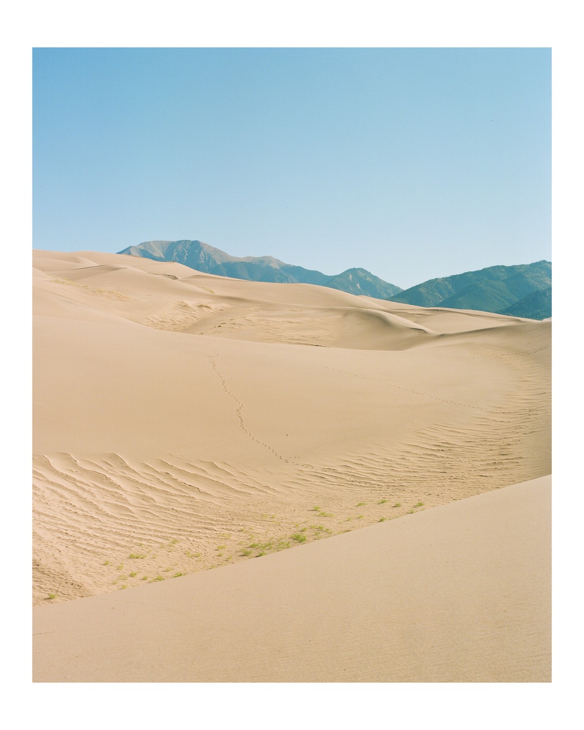 A vast desert landscape features sand dunes with faint footprints and distant mountains under a clear sky.