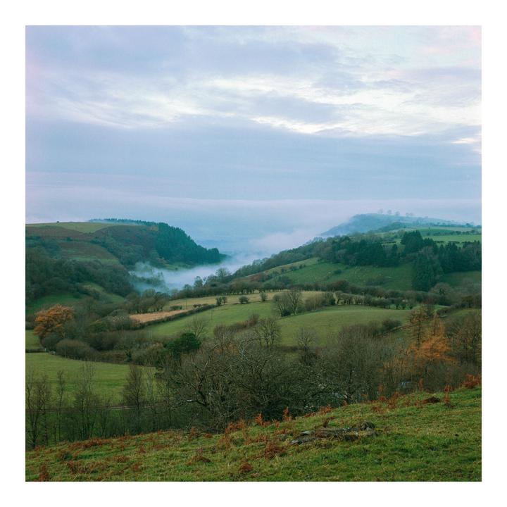 A valley filled with fog is surrounded by green hills and trees under a cloudy sky.