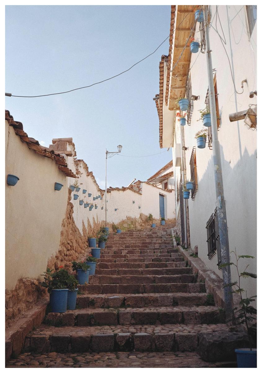 A narrow stone staircase ascends between two white buildings with blue flowerpots lining the walls.