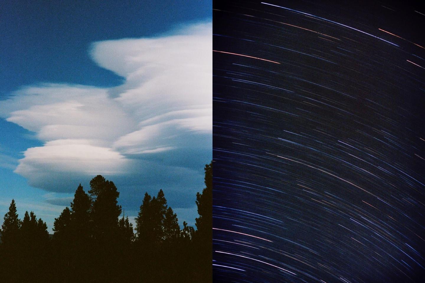 A diptych shows a daytime sky with clouds above a forest and a night sky with star trails.